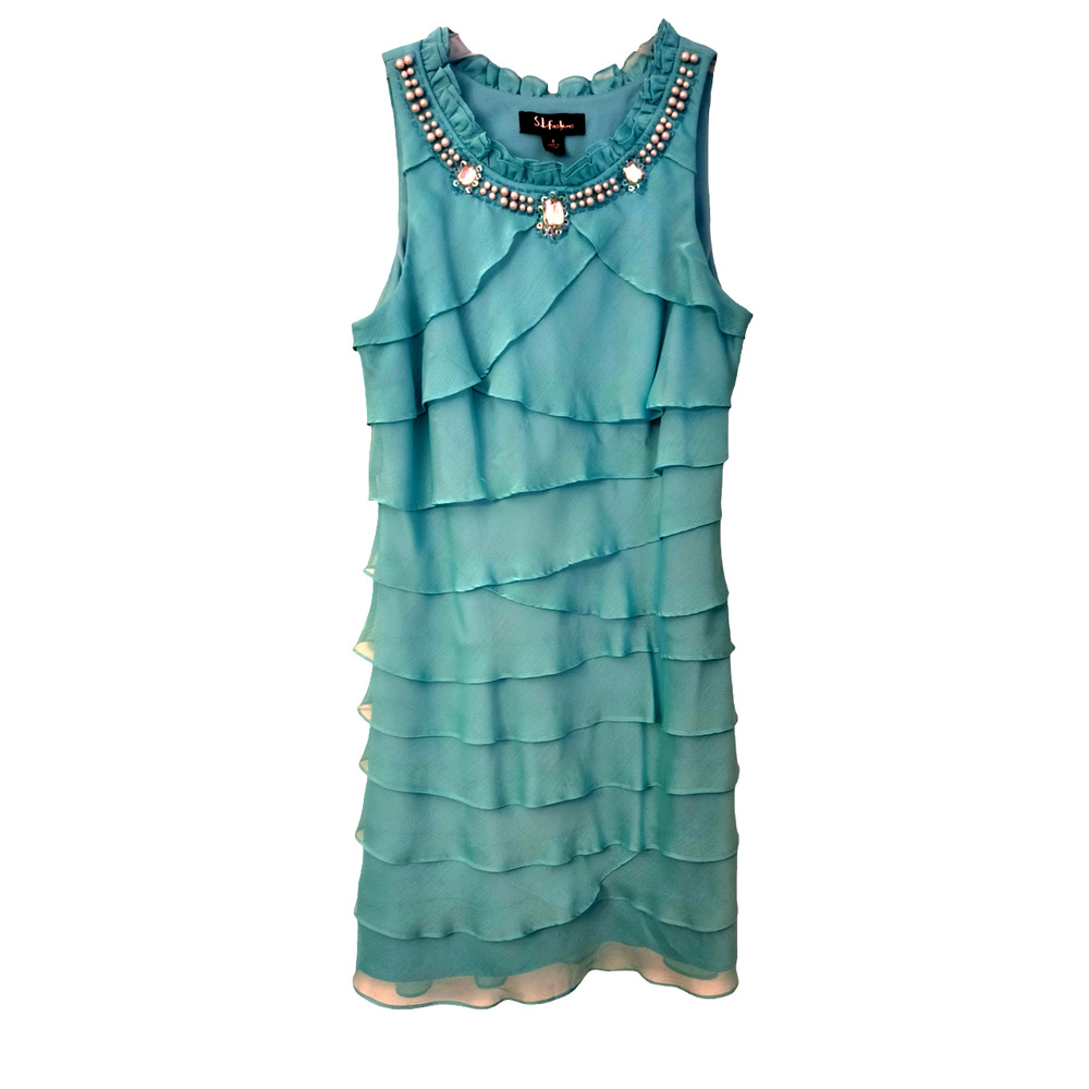 S L Fashion Dress Women's Size 8 Teal Sleeveless Rhinestones Chiffon Layers